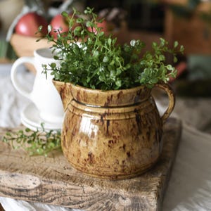 Puede incluir: Una jarra de cerámica marrón con asa, llena de plantas verdes de hojas, se encuentra sobre una tabla de cortar de madera rústica. Una taza y un platillo blancos están en el fondo. La jarra tiene un acabado moteado y vidriado.