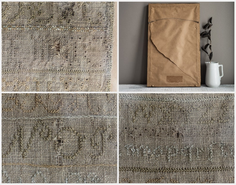 Antique Homespun Linen Alphabet Embroidery Sampler Signed Rebecca Patterson 1829 In Wood Frame, Collectible Textile Art 画像 8