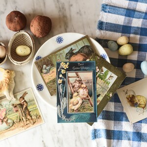 Ancienne carte postale de Pâques Joyeuses Pâques à vous Lapins avec pigeon et oeufs de Pâques, objets éphémères de vacances à collectionner vintage image 9