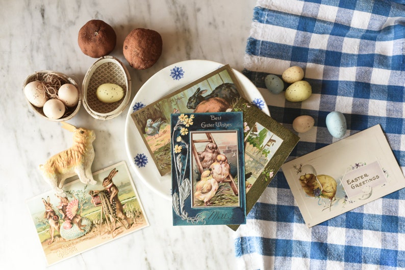 Ancienne carte postale de Pâques Joyeuses Pâques à vous Lapins avec pigeon et oeufs de Pâques, objets éphémères de vacances à collectionner vintage image 9