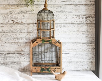Vintage Chinoiserie Hand Painted Wood and Wire Bird Cage, Farmhouse, Cottagecore and Shabby Chic Home Decor