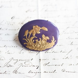 Antique Art Nouveau Porcelain Brooch With Gold Paste Embossed Flowers, Vintage Women&#39;s Jewelry