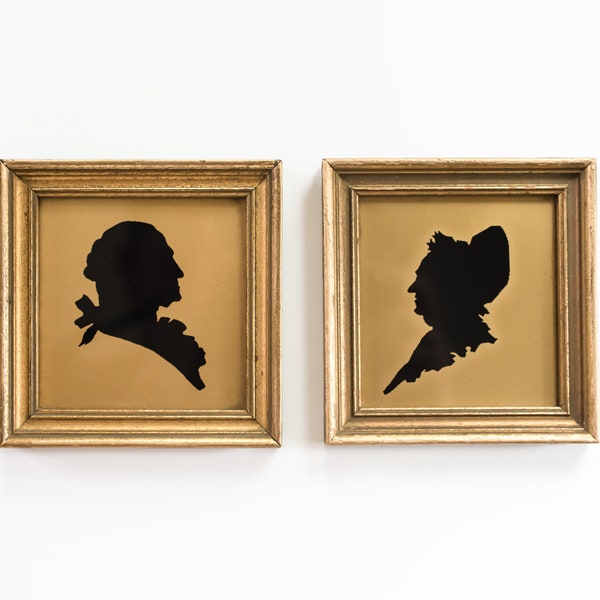 Antique George and Martha Washington Reverse Painted Silhouettes on Glass in Gesso & Gilt Frames