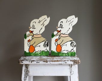 Vintage Painted Wood Rabbit Bookends, Easter Bunny Decorations, Children's Room Decor