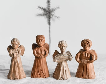Vintage Hand Carved Wood Folk Art Angels, Christmas Ornaments, Holiday Decorations