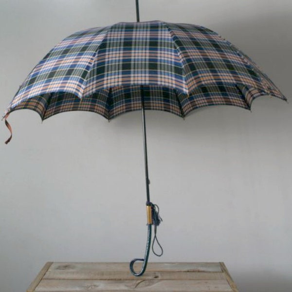 Vintage Blue and White Plaid Umbrella, Vintage Spring Umbrella, Rain Gear