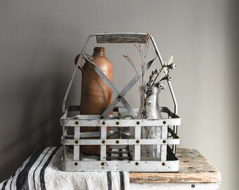 Antique Zinc Bottle Carrier with Wood Handle, Rustic Farmhouse Decor