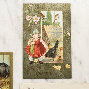 Antique Easter Post Card Easter Greetings Dutch Girl With Chickens & Chicks, Vintage Collectible Holiday Ephemera image 2