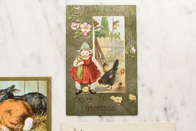 Antique Easter Post Card Easter Greetings Dutch Girl With Chickens & Chicks, Vintage Collectible Holiday Ephemera image 2