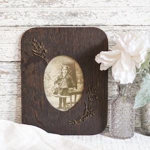 Antique Oak Photo Frame: Romantic Girl Portrait, Cottagecore Wall Decor