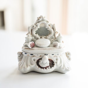 Antique Fairing Porcelain Trinket Box with Mirror and Pocket Watch, 19th Century Souvenir Jewelry Box, Collectible Decor