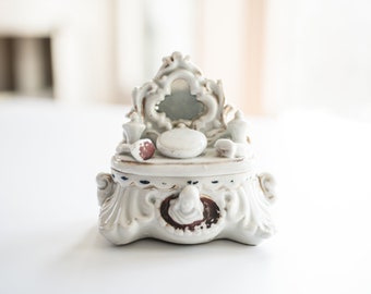 Antique Fairing Porcelain Trinket Box with Mirror and Pocket Watch, 19th Century Souvenir Jewelry Box, Collectible Decor