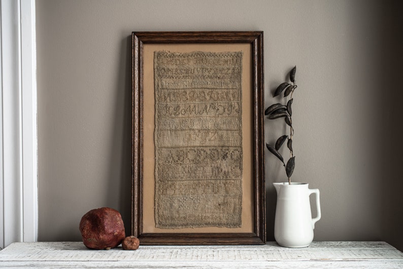 Antique Homespun Linen Alphabet Embroidery Sampler Signed Rebecca Patterson 1829 In Wood Frame, Collectible Textile Art 画像 6