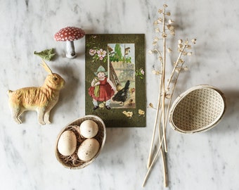 Ancienne carte postale de Pâques - voeux de Pâques - fille hollandaise avec poulets et poussins, objets éphémères de vacances à collectionner vintage