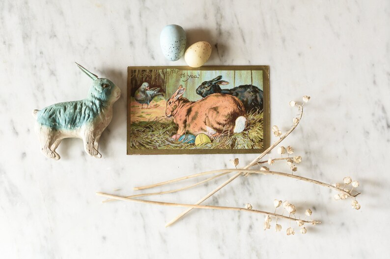 Ancienne carte postale de Pâques Joyeuses Pâques à vous Lapins avec pigeon et oeufs de Pâques, objets éphémères de vacances à collectionner vintage image 1