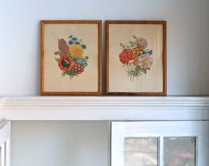 Vintage Flower Prints in Faux Bamboo Frames Etsy