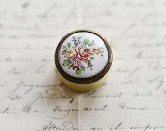 Antique 18th Century Battersea Yellow Enamel Pill Box With Hand Painted Floral Decoration, Collectible Antique Patch Box