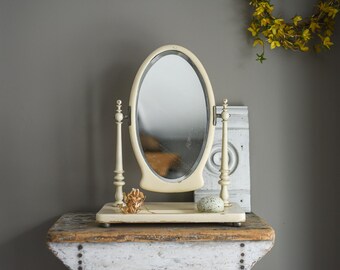 Vintage Beveled Swivel Oval Dresser Mirror With Chippy Creme Colored Paint, Cottagecore & Farmhouse Home Decor