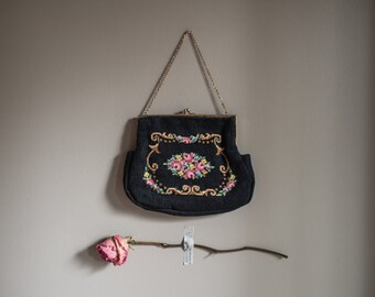 Antique Petit Point Purse With Roses, Women's Vintage Evening Bag, Special Occasion Accessories