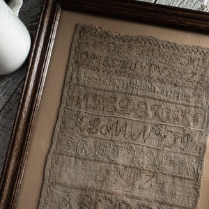 Antique Homespun Linen Alphabet Embroidery Sampler Signed Rebecca Patterson 1829 In Wood Frame, Collectible Textile Art 画像 7