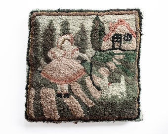 Antique Folk Art Pillow of Girl, Dog and Cottage, Farmhouse and Cottage Decor, Vintage Hand Made Hooked Textile