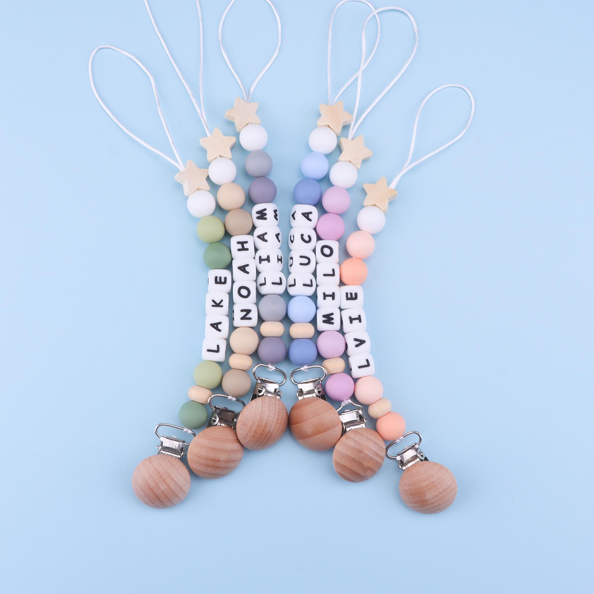 Personalised Wooden Dummy Clip / Pacifier Chain For Baby Boy – Navy Blue & Mint