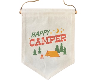 Happy Camper Canvas Banner, Canvas Wall Flag, Cabin Decor, Nursery Decor, Modern Kids Room Decor, Wall Banner, Nursery Art