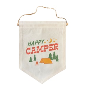 Happy Camper Canvas Banner, Canvas Wall Flag, Cabin Decor, Nursery Decor, Modern Kids Room Decor, Wall Banner, Nursery Art