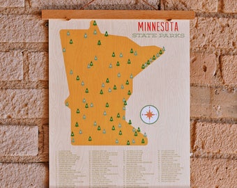 May include: A map of Minnesota State Parks with a yellow outline of the state and green pine tree icons marking the location of each park. The map is printed on a wood-grain background and has a wooden frame.