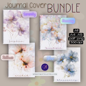 Puede incluir: Un paquete de portadas de diario con diseños florales en colores pastel suaves. Las portadas incluyen las palabras "Serenity", "Becoming", "Stillness" y "Glow". Los diarios son de tamaño A4 y A5, en formatos pdf y png, con 300 dpi.