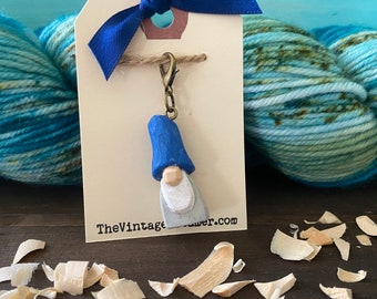 HAND CARVED WOOD blue Gnome Progress Keeper Charm Knitting Crochet