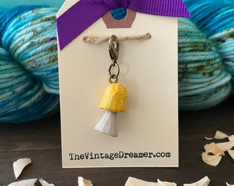 Yellow Sparkly Fairy HAND CARVED WOOD Mushroom Toadstool Progress Keeper Charm Knitting Crochet