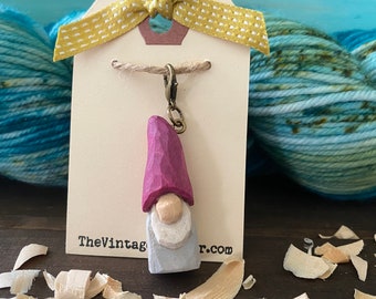 HAND CARVED WOOD purple Gnome Progress Keeper Charm Knitting Crochet