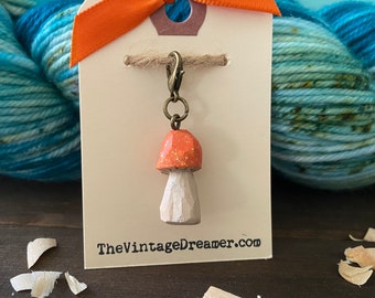 Orange Sparkly Fairy HAND CARVED WOOD Mushroom Toadstool Progress Keeper Charm Knitting Crochet