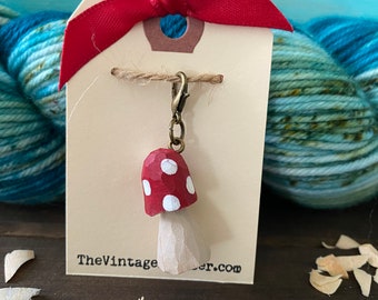 Red HAND CARVED WOOD Mushroom Toadstool *Classic Red* Progress Keeper Charm Knitting Crochet