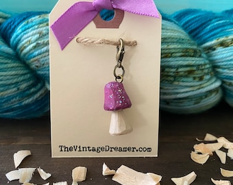 Fairy Juneberry Purple Sparkly HAND CARVED WOOD Mushroom Toadstool Progress Keeper Charm Knitting Crochet