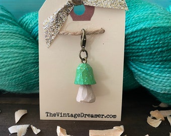 St patty green Sparkly Fairy HAND CARVED WOOD Mushroom Toadstool Progress Keeper Charm Knitting Crochet