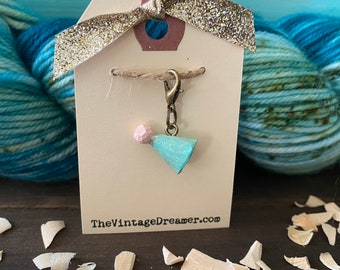 Sparkly Aqua Party Hat HAND CARVED WOOD Progress Keeper Charm Knitting Crochet