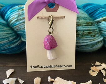 Fairy Juneberry Purple Sparkly HAND CARVED WOOD Mushroom Toadstool Progress Keeper Charm Knitting Crochet