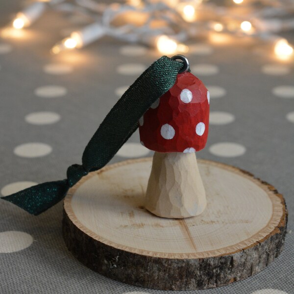 HAND CARVED WOODEN Mushroom Toadstool Christmas Ornament