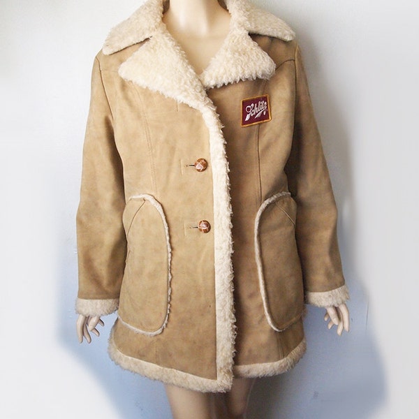 SCHLITZ // Vintage 1970s Shearling Coat with Beer Patch Authentic Hippie Jacket Suede Leather Penny Lane Coat Babe 70s Boho Unisex Medium