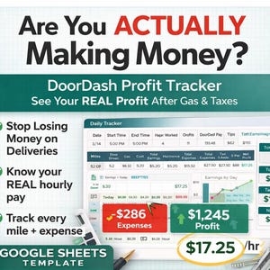 Planilha de Controle de Lucros do DoorDash | Rastreamento de Ganhos do Uber Eats e Instacart | Acompanhe o Lucro REAL após Gasolina/Impostos | Modelo do Google Sheets