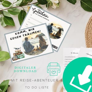 Buono viaggio romantico per coppie – PDF da stampare, idea regalo per una vacanza per due, buono + planner + checklist, pianificatore di viaggio