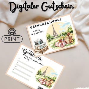 Bon de voyage numérique Paris, à imprimer, modèle de bon avec la Tour Eiffel, cadeau pour voyage surprise à Paris, idée cadeau
