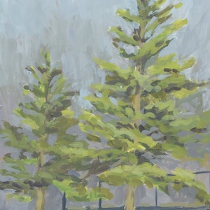 May include: A painting of two green pine trees against a light gray background. The trees are in the foreground and the background is a hazy gray.