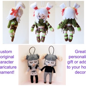 May include: Three plush toys, two are 6 inches tall and one is smaller. The larger toys are a green and brown character with white bunny ears and a gray character with horns and a helmet. The smaller toy is a gray character with horns and a helmet. The text "Custom 6" original character or caricature ornament!" is in the lower left corner of the image. The text "Great personalized gift or addition to your holiday decor!" is in the lower right corner of the image.