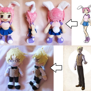 May include: Two plush toys, a pink bunny rabbit with a blue skirt and a yellow-haired person wearing a brown waistcoat and glasses. The toys are next to their original drawings.