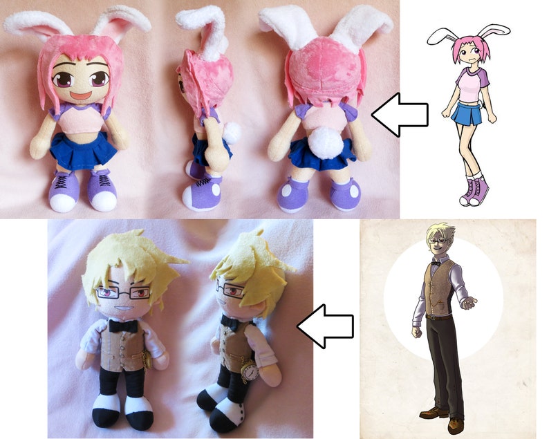 May include: Two plush toys, a pink bunny rabbit with a blue skirt and a yellow-haired person wearing a brown waistcoat and glasses. The toys are next to their original drawings.