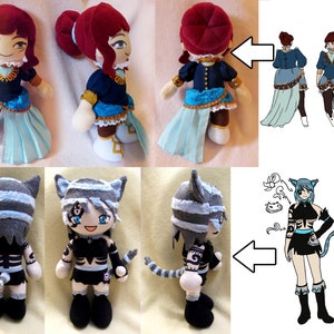 May include: Two handmade plush toys. The first is a girl with red hair, wearing a blue and gold dress with a long, flowing skirt. The second is a cat-like creature with grey and white fur, wearing a black and white outfit with a tail.
