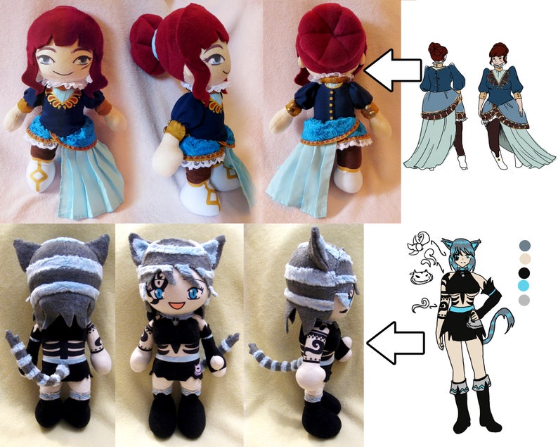 May include: Two handmade plush toys. The first is a girl with red hair, wearing a blue and gold dress with a long, flowing skirt. The second is a cat-like creature with grey and white fur, wearing a black and white outfit with a tail.